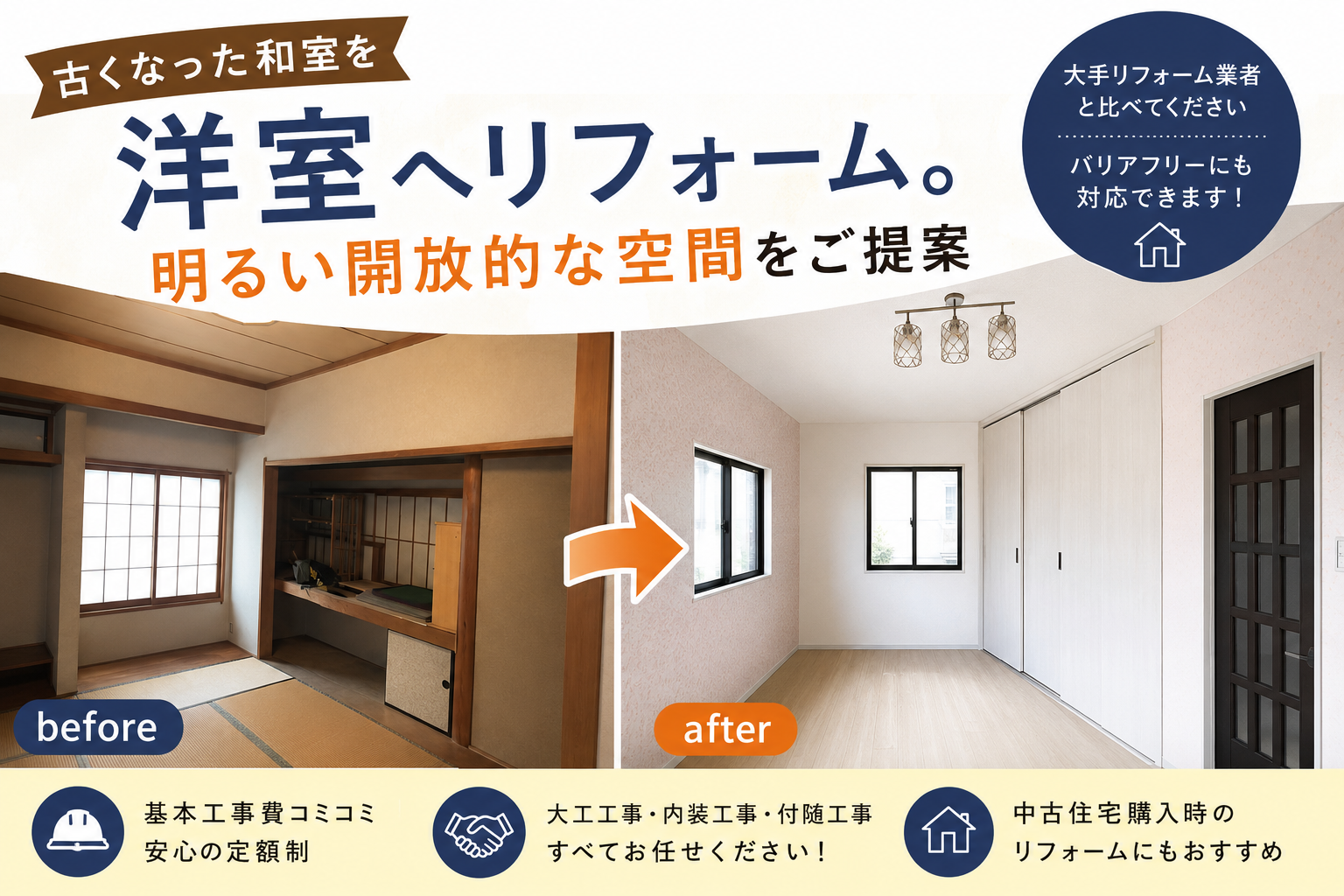 古くなった和室を洋室へリフォーム。明るい開放的な空間のご提案