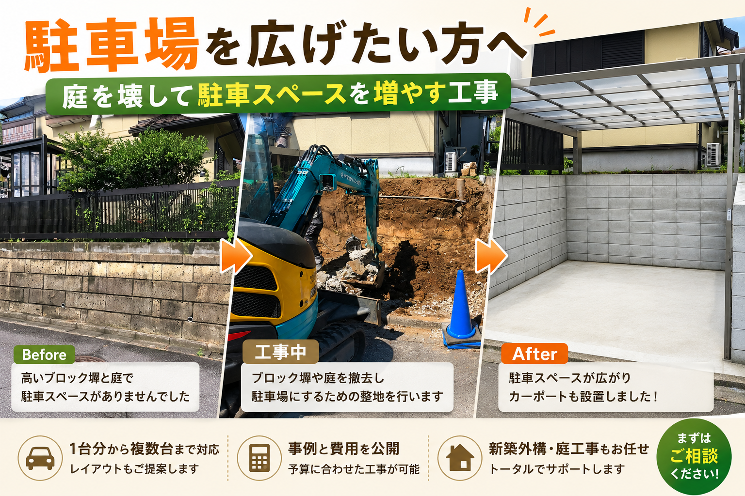 駐車場を広げたい＆増やしたい。新築外構工事。お庭の工事のご紹介。
